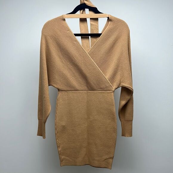 Tan V-Neck Dress with Tie Detail - Picture 4 of 8